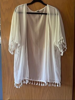 White Tassel Hem Sheer Swim Cover Up